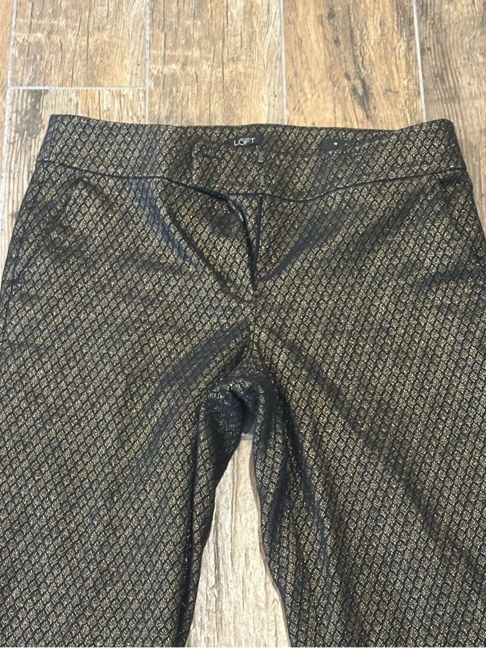 LOFT Marisa Black and Gold Metallic Patterned Dress Pants